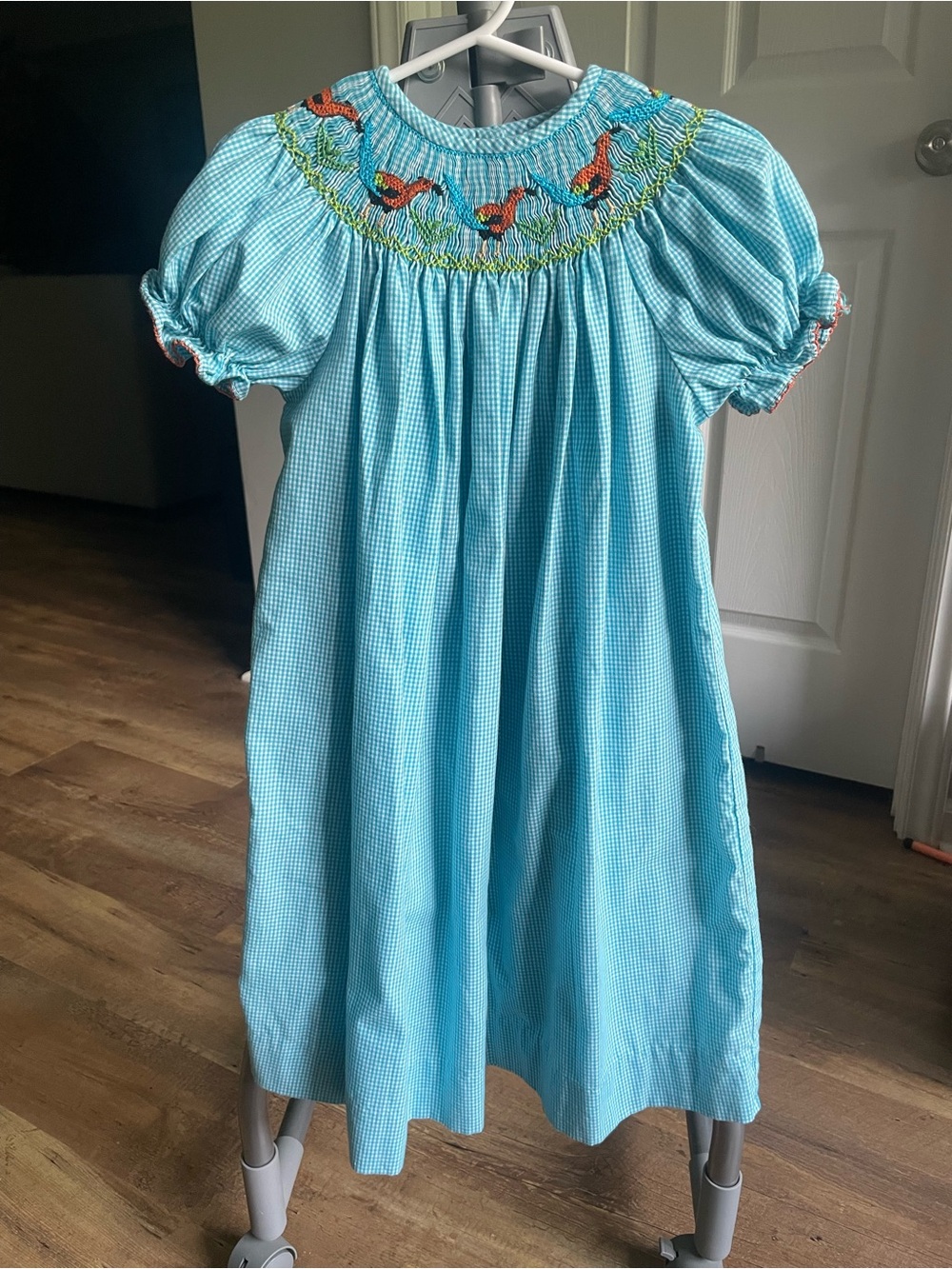 Girls' Blue Smocked Dress with Bird Embroidery